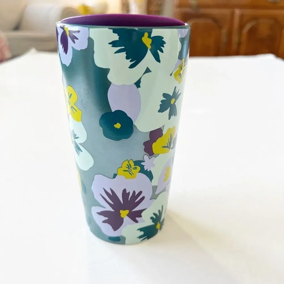 Starbucks Coffee Cup Teal Purple Pansies Floral Ceramic Travel Mug‎ 12 Oz Sipper - Picture 2 of 10